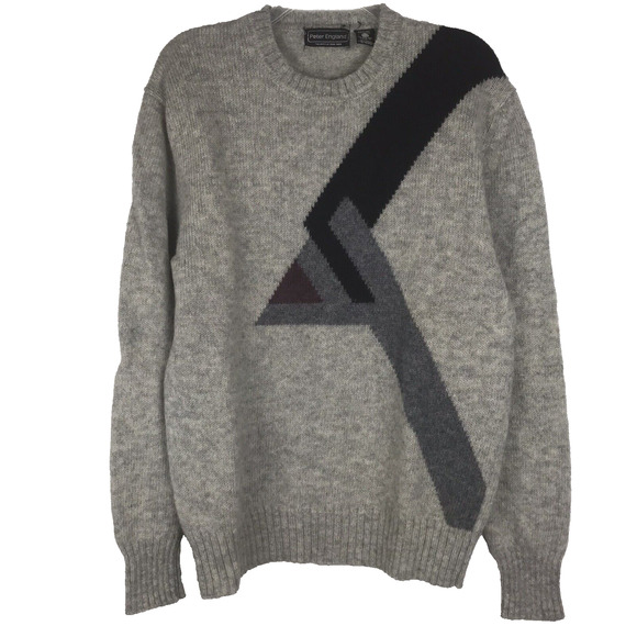 Vintage Peter England Crew Neck Sweater 100% Shetland Wool Gray Triangle Large - Picture 1 of 6